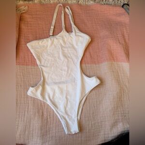 White strappy one shoulder one piece swimsuit